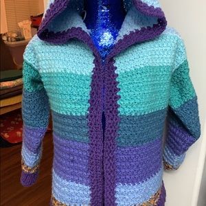 Crocheted striped cardigan with hood